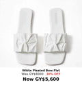 White pleated bow square toe womens sandal