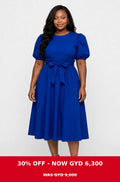 Royal blue wrap front puff sleeves dress