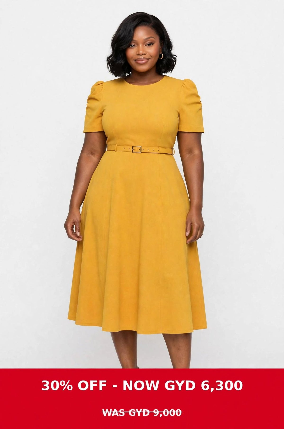 Mustard belt waist crimple sleeve dress
