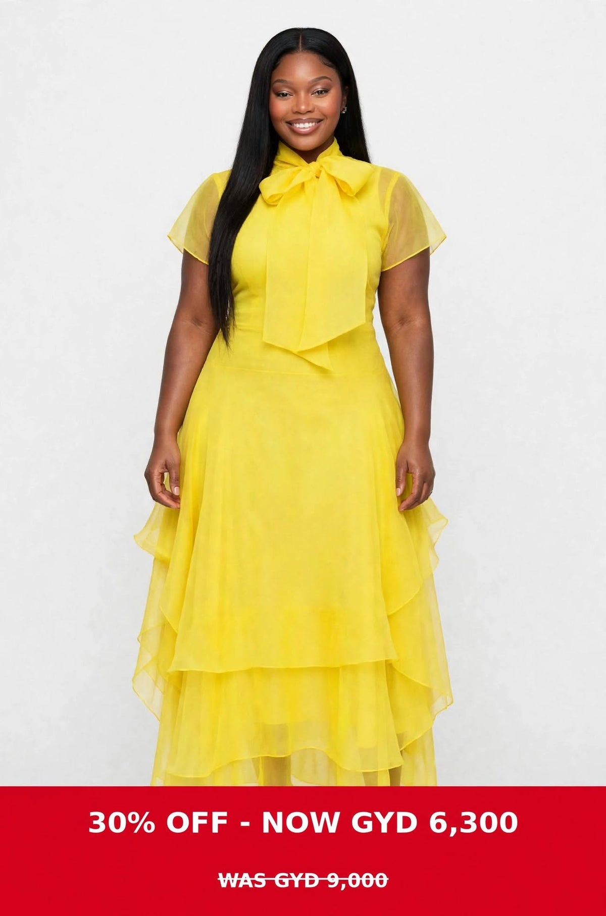 Yellow Long lenght tie bow neck dress