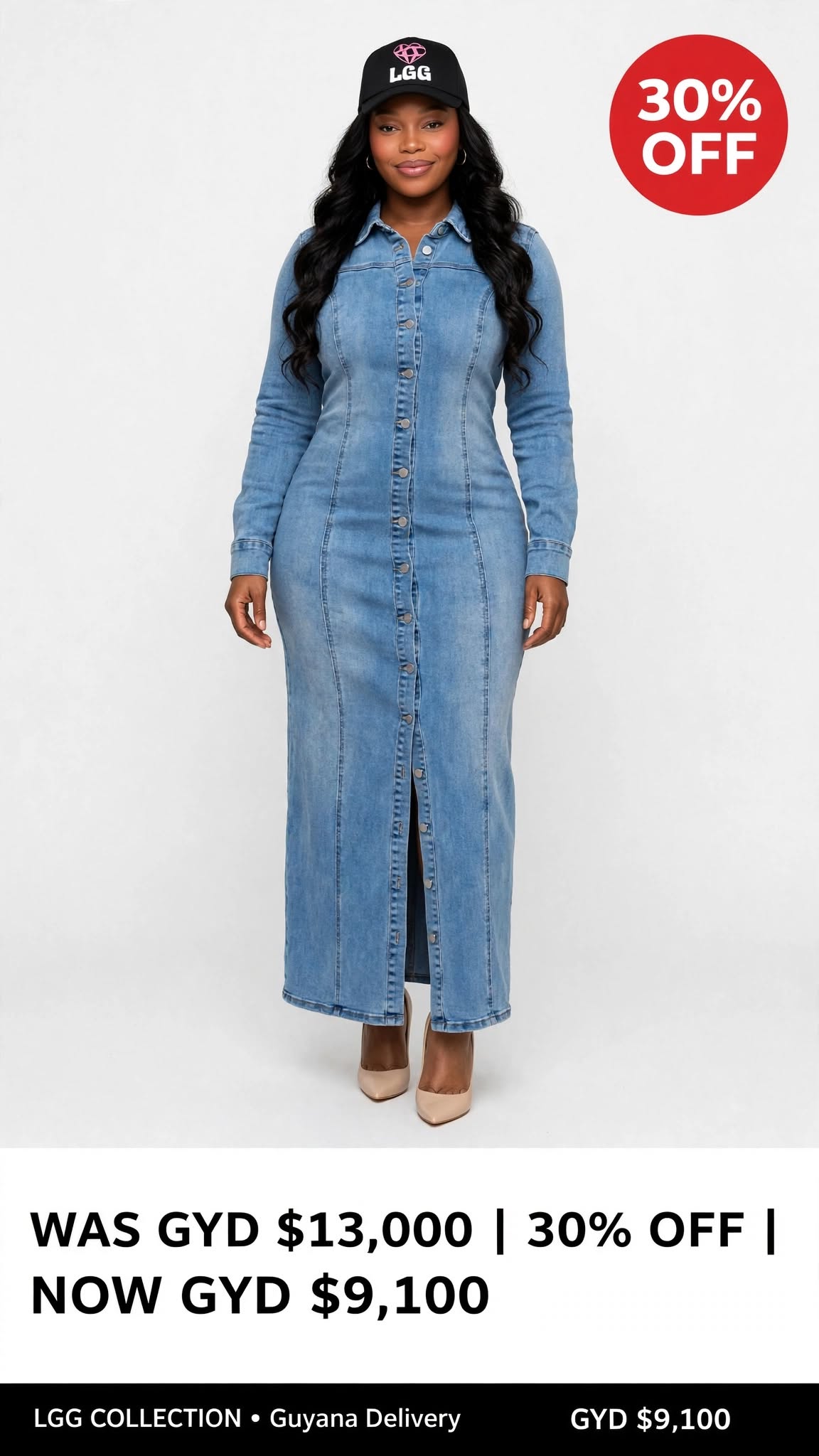 Denim button front long dress