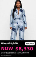 Blue Floral satin long sleeve jumpsuit