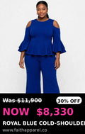 Royal blue 2pc cold shoulder top, pant suit