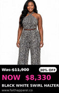 Black & white swirl neck halter jumpsuit