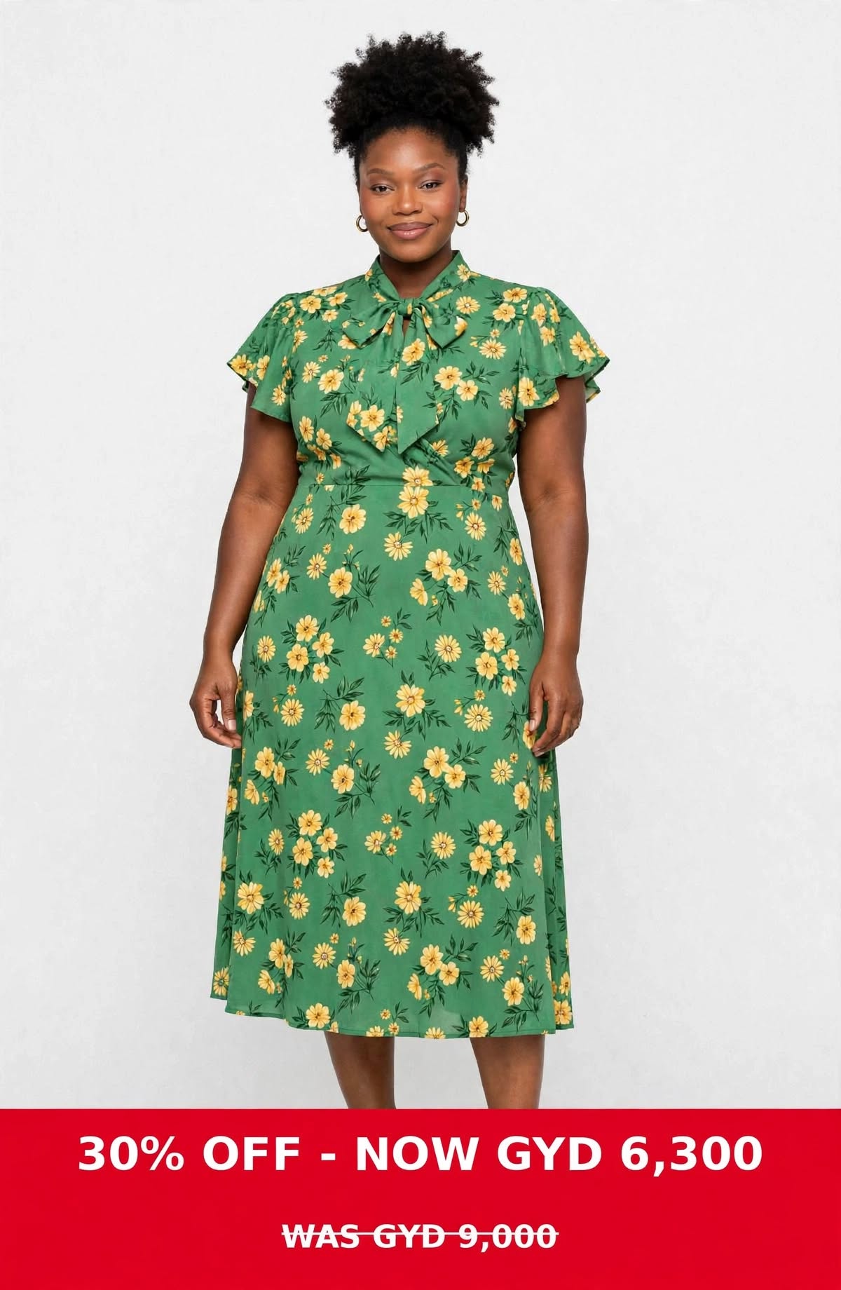 Green floral bow tie neck fringy sleeves dress