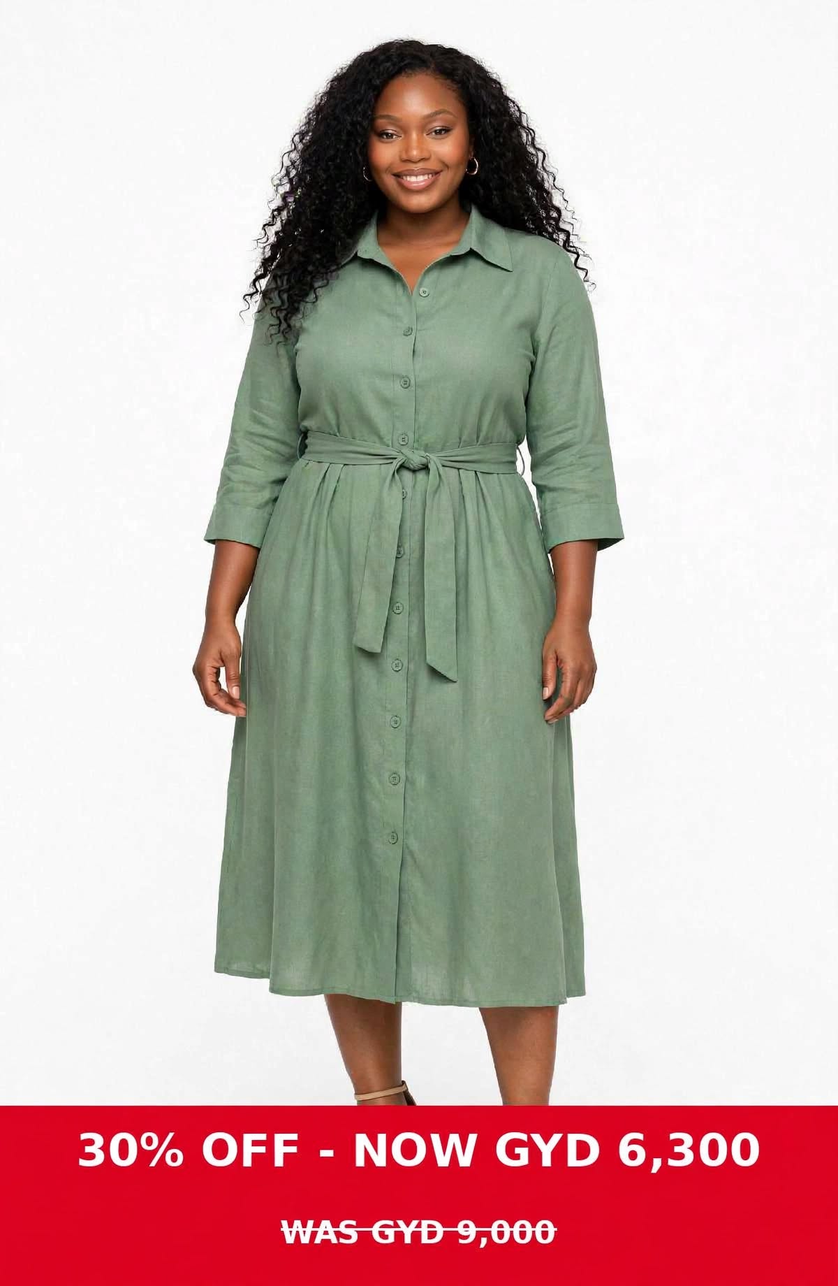 Green tie front button up dress