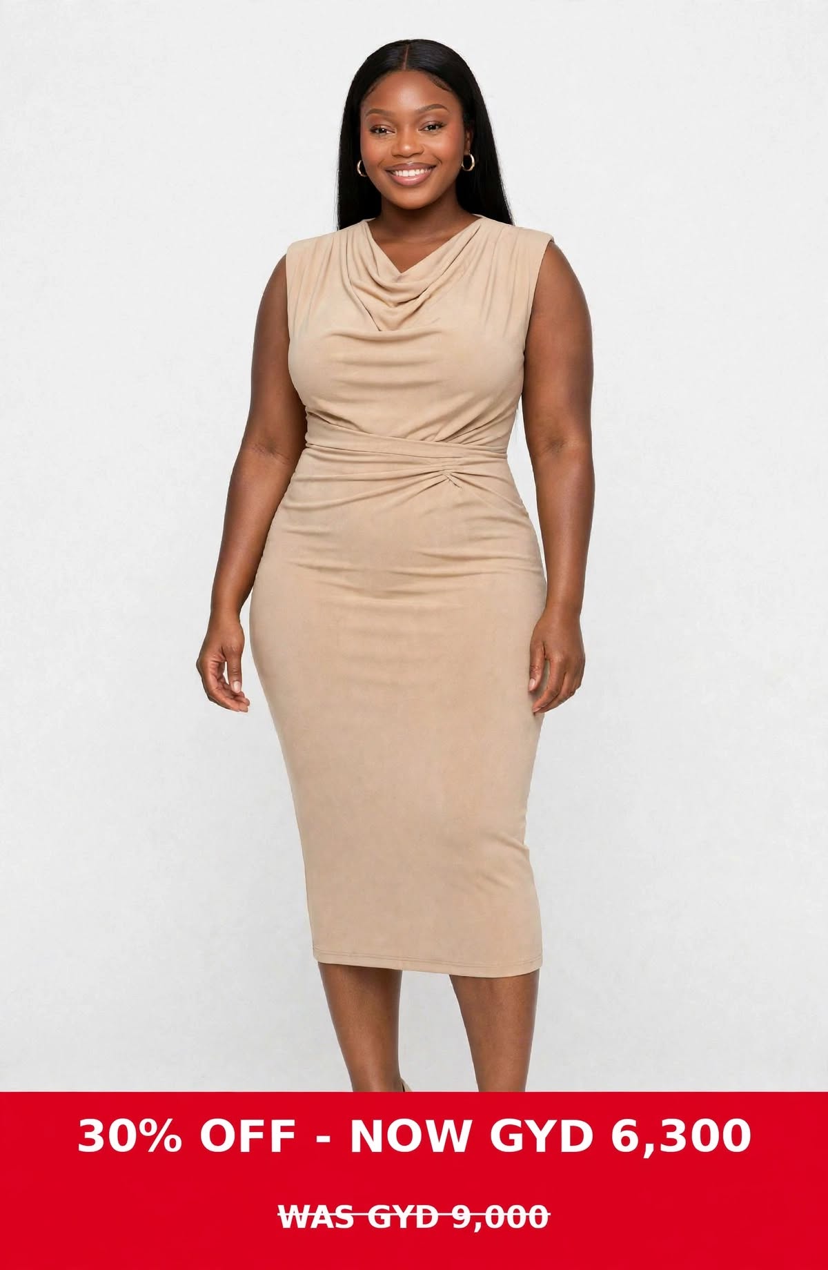 Stretch fit beige crimple front dress