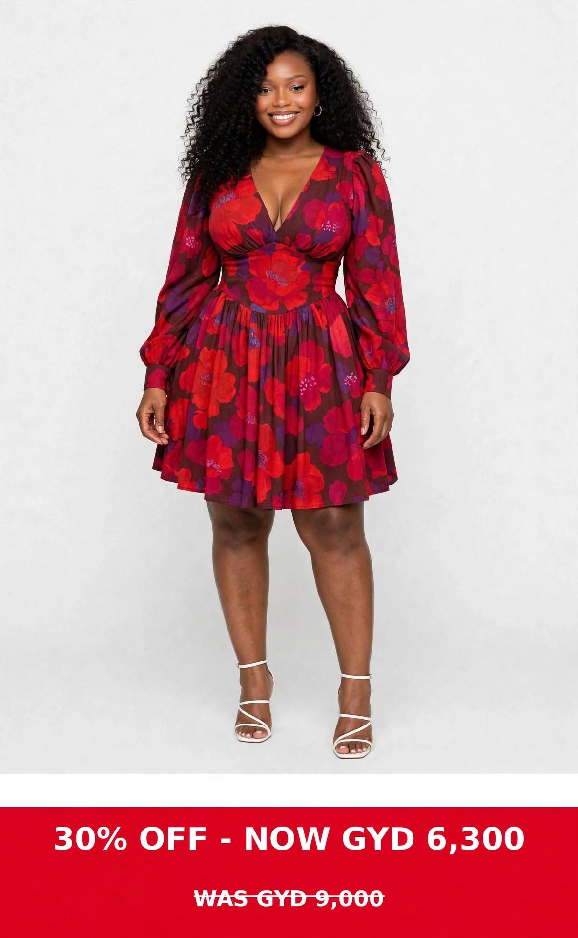 Red Floral flouncy long sleeve dress