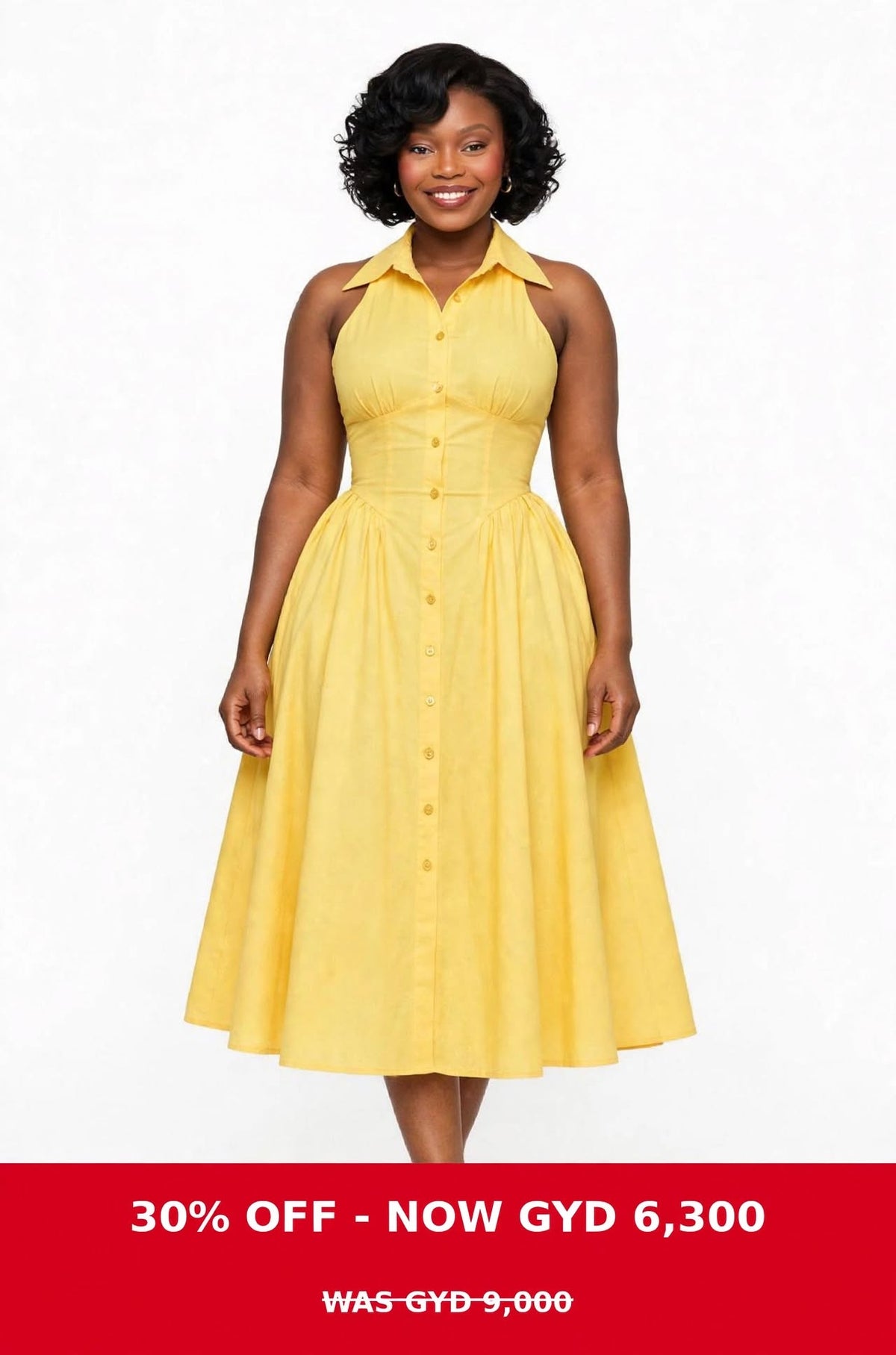 Yellow button front collar style sleeveless dress