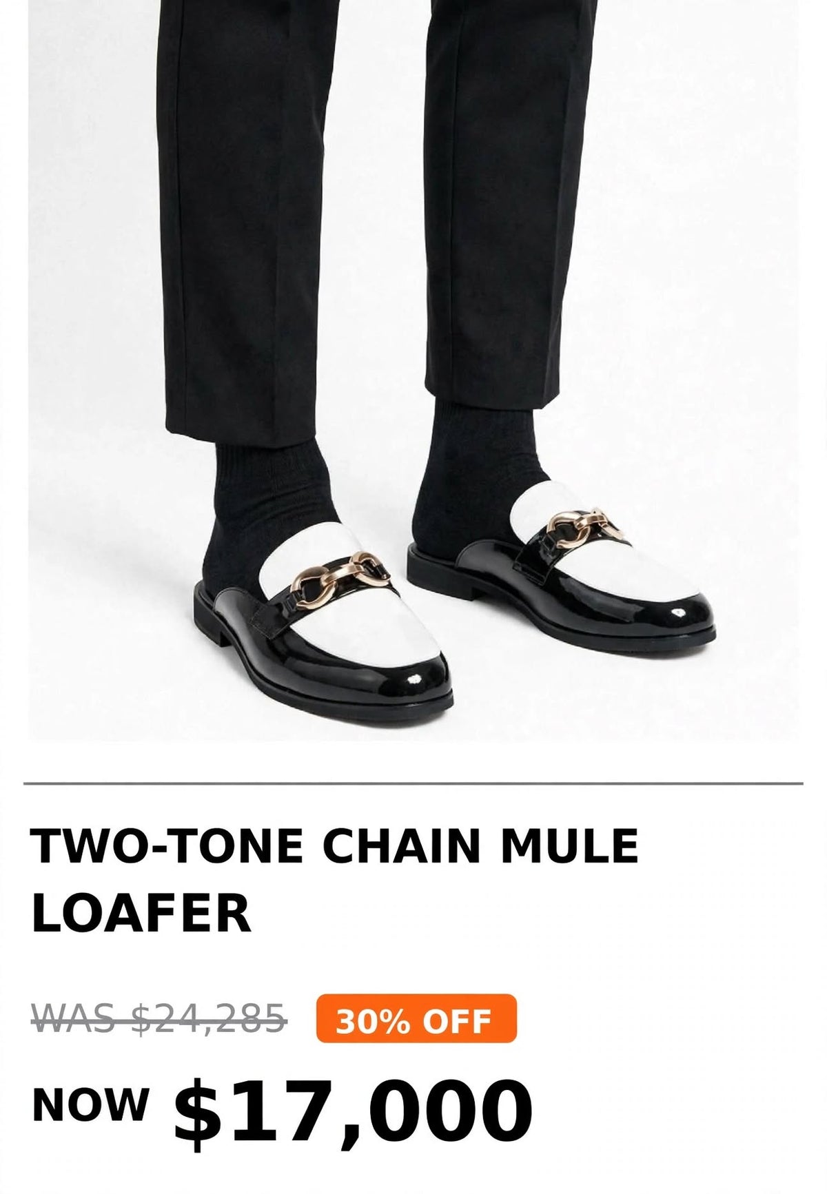 Mens two tone black white chain mule loafer