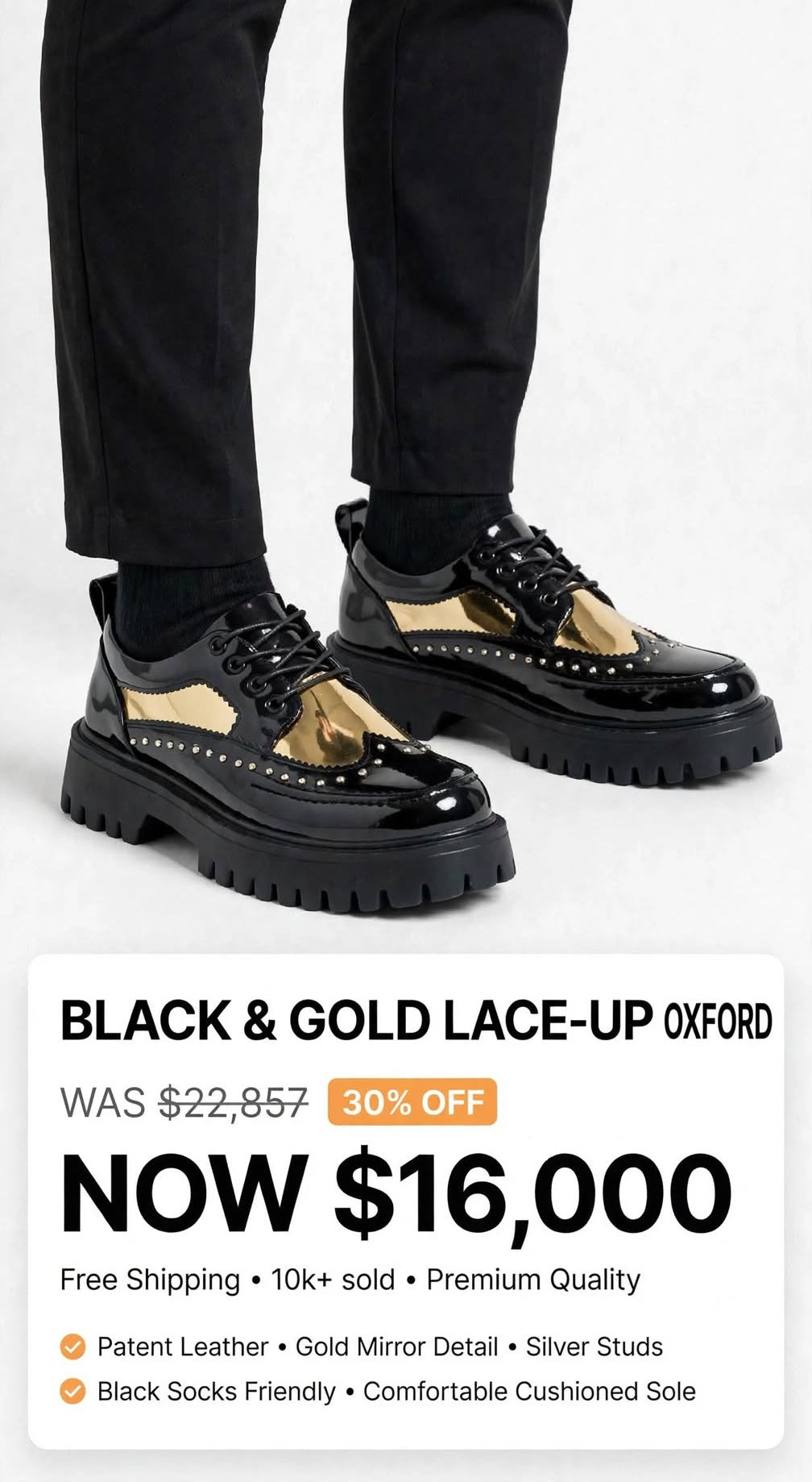 Mens Tough luxury black gold laceup oxford