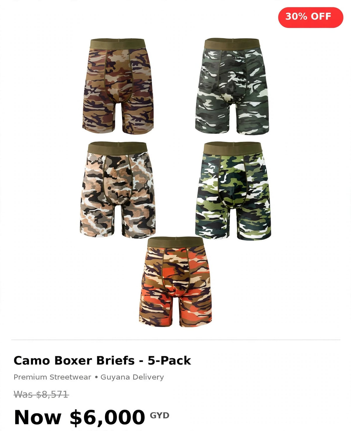 Mens pk of 5 camo printed brief set