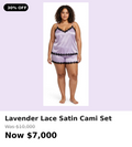 2pc Lavender lace satin cami & shorts set