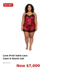 2pc love print satin lace cami & shorts set