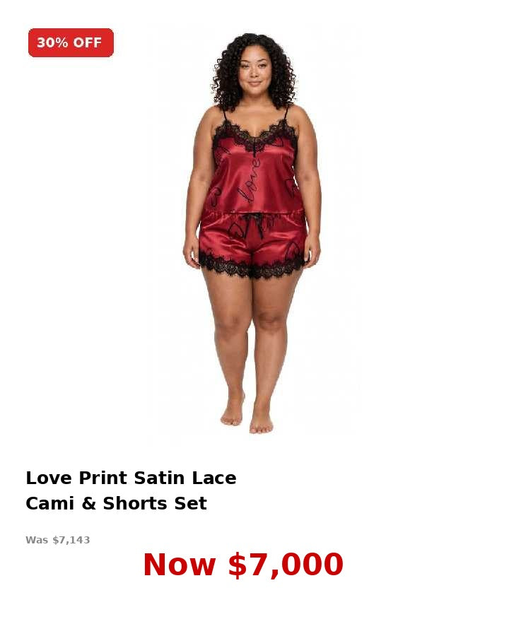 2pc love print satin lace cami & shorts set